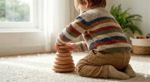 Bébé empilant une tour d'anneaux en bois Montessori pour l'éveil sensoriel