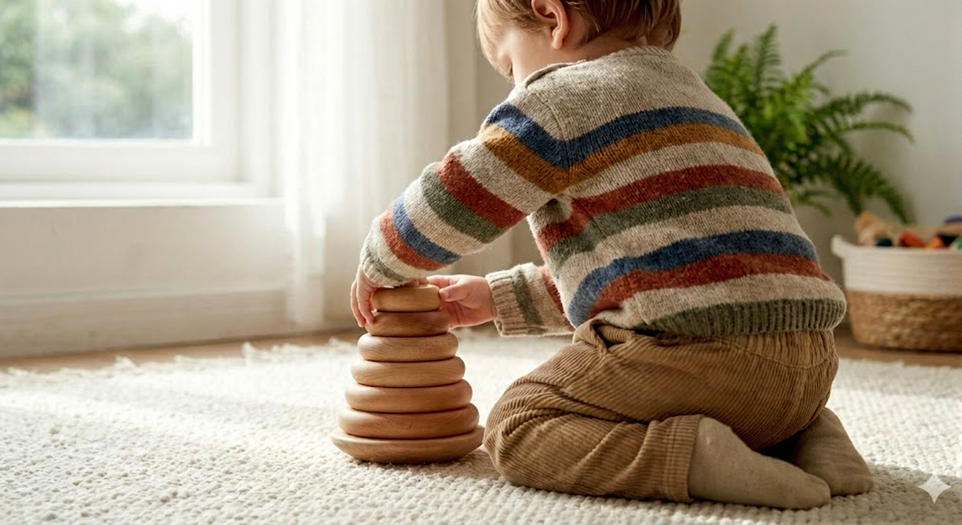 Bébé empilant une tour d'anneaux en bois Montessori pour l'éveil sensoriel